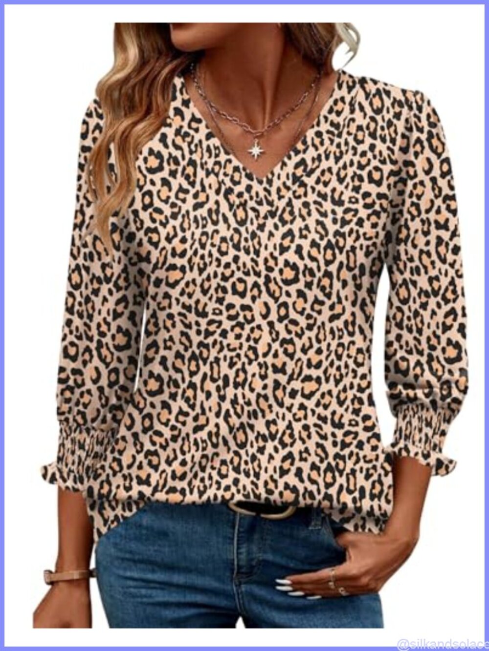 Womens 3/4 Sleeve Puff Sleeve V-Neck Textured Smocked Blouse Tunic Top